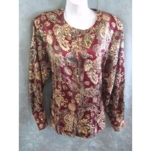 Vintage 90's Martinique Blouse Size 14 Sheer & Metallic Stripe Scarf Print Top